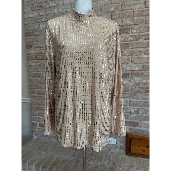 Anne Klein sequin mock neck top in gold metallic long sleeve stretch blouse. - Picture 2 of 5